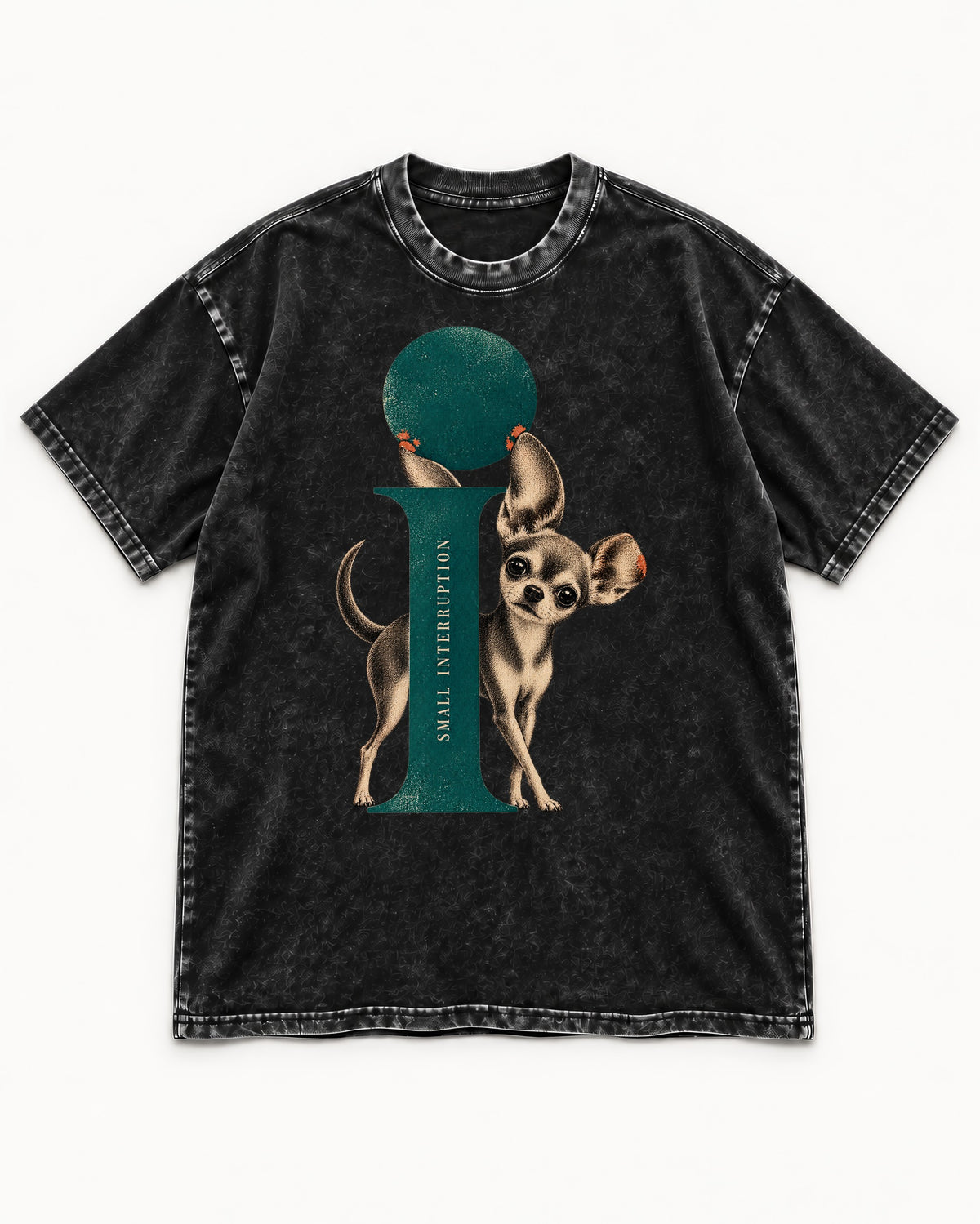 Chihuahua Small Interruption Geometric Portrait Washed Tee in Black, flat lay product photo