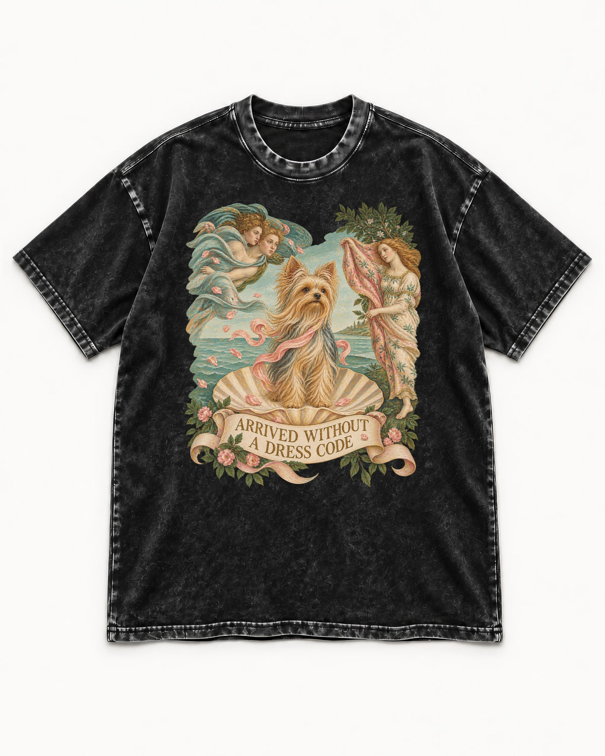 Yorkshire Terrier Arrived Without a Dress Code Venus Graphic Washed Tee in Black, flat lay product photo