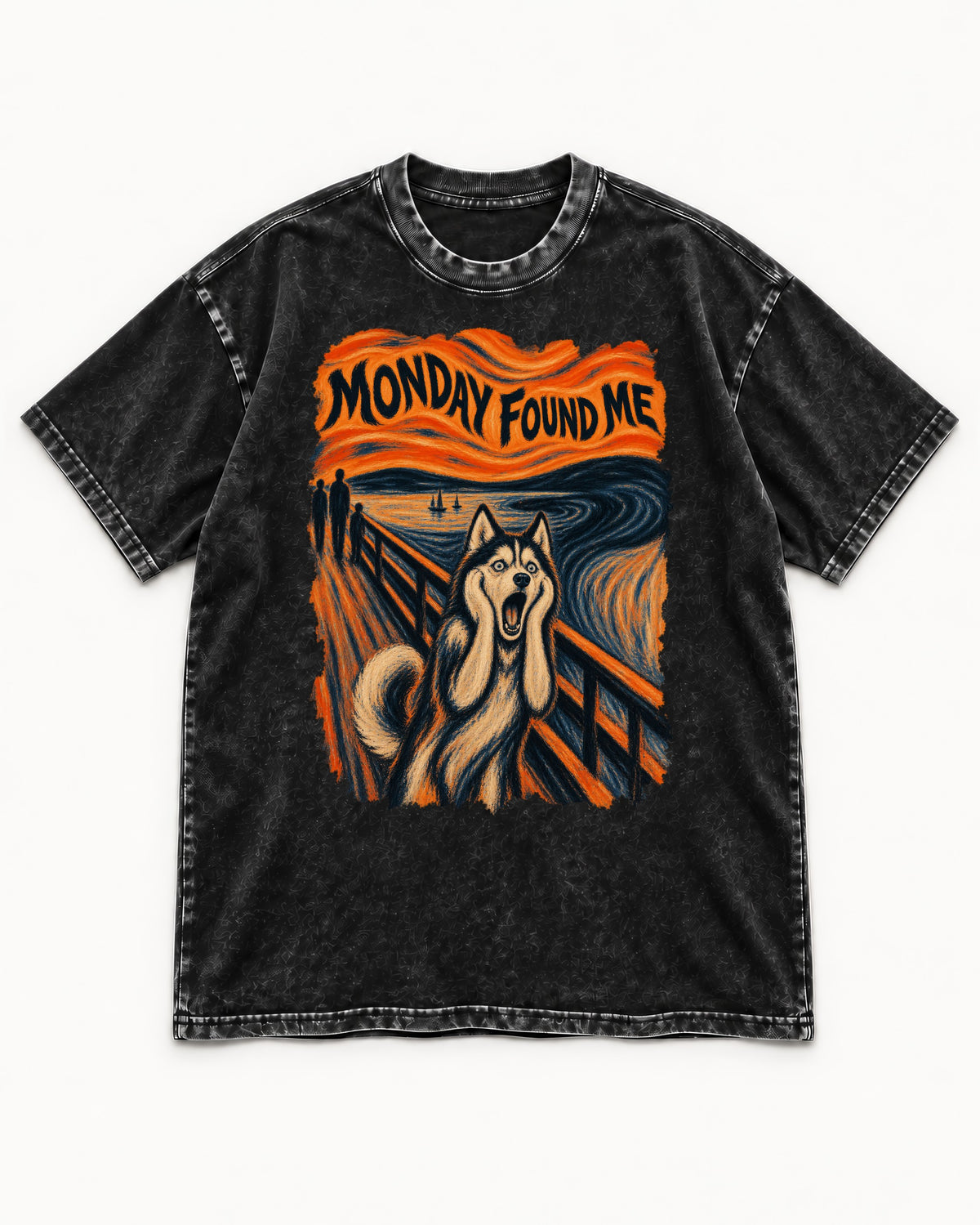 Husky Monday Found Me Scream Parody Graphic Washed Tee in Black, flat lay product photo