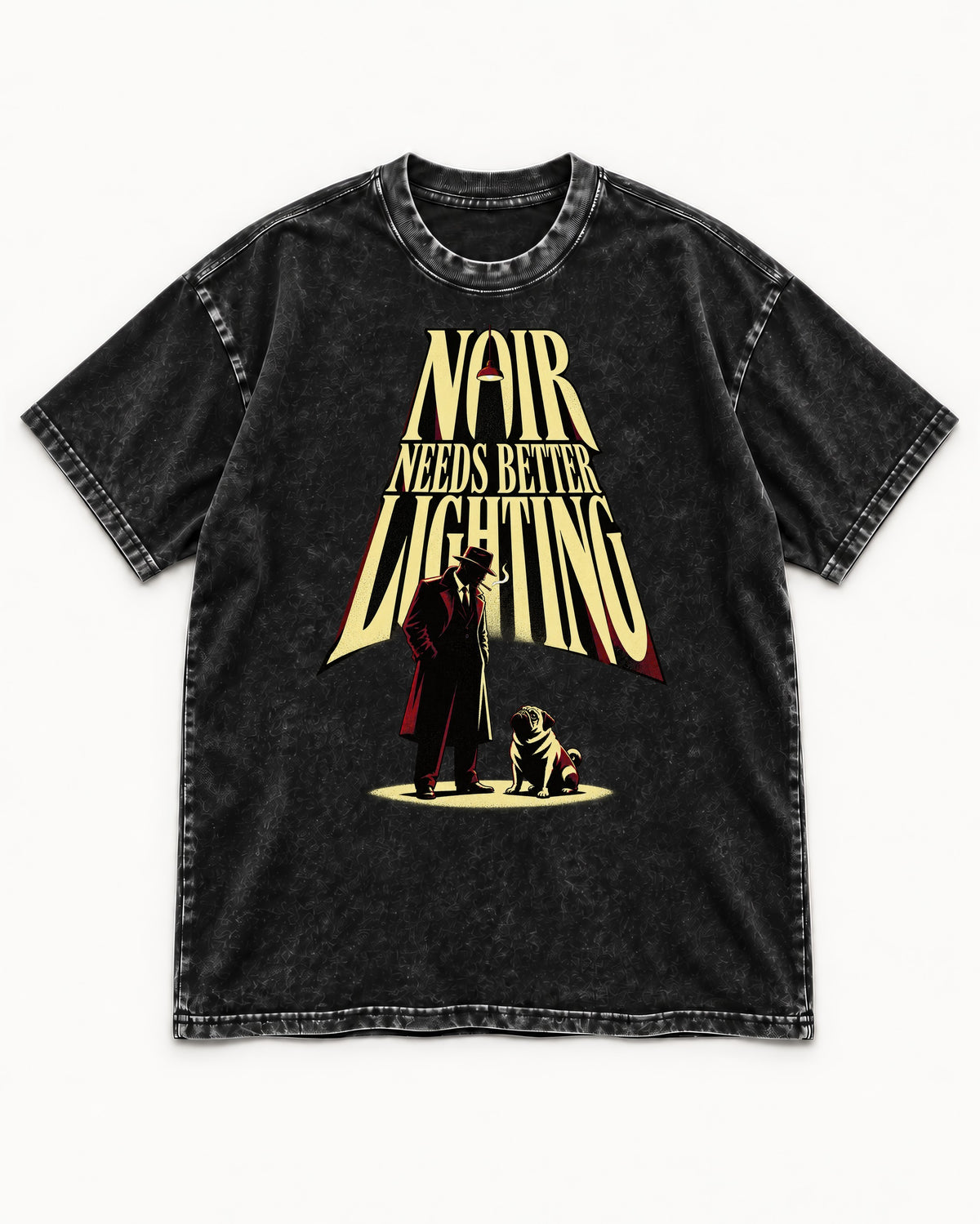 Pug Noir Needs Better Lighting Detective Graphic Washed Tee in Black, flat lay product photo