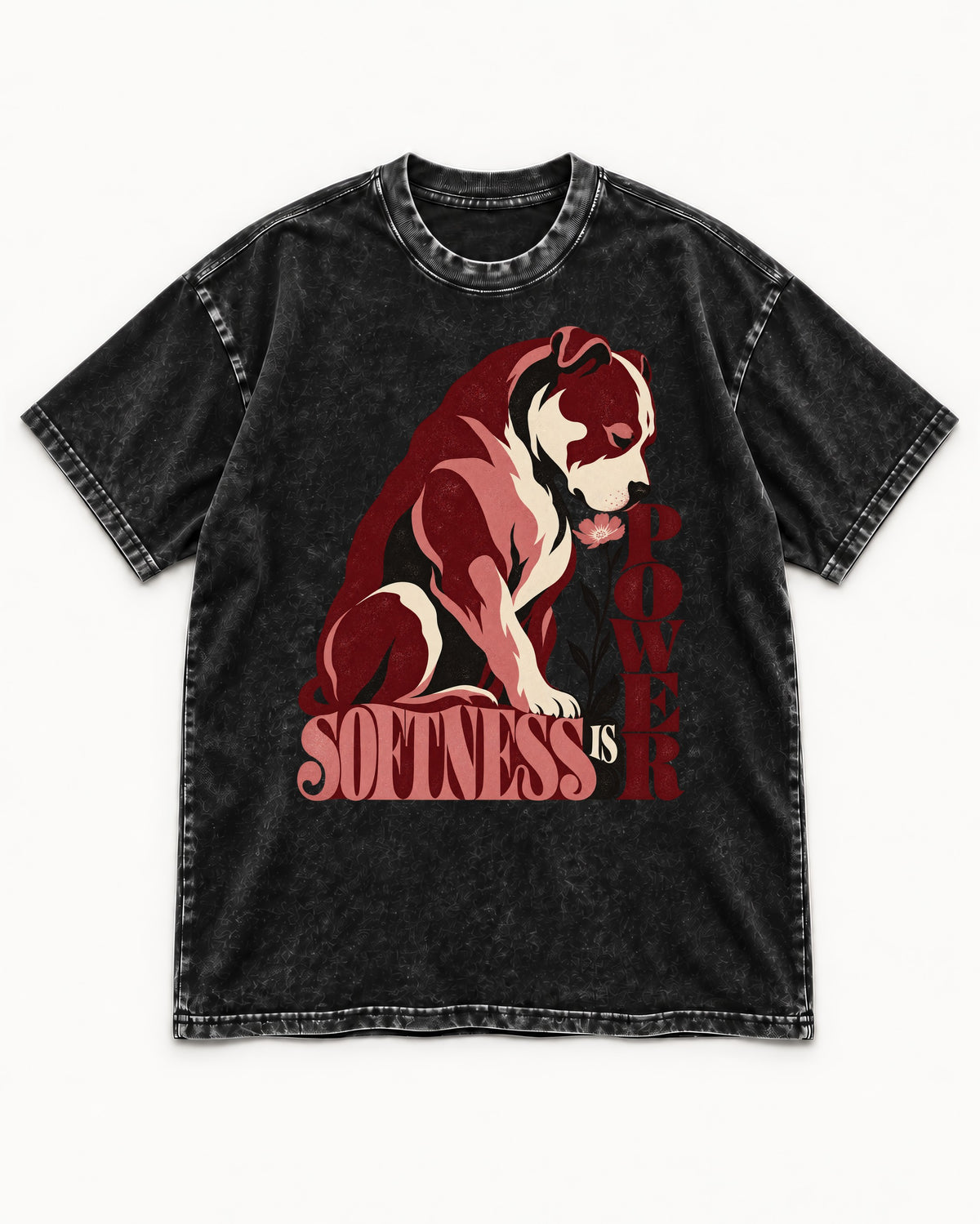 Pitbull Softness Is Power Flower Graphic Washed Tee in Black, flat lay product photo