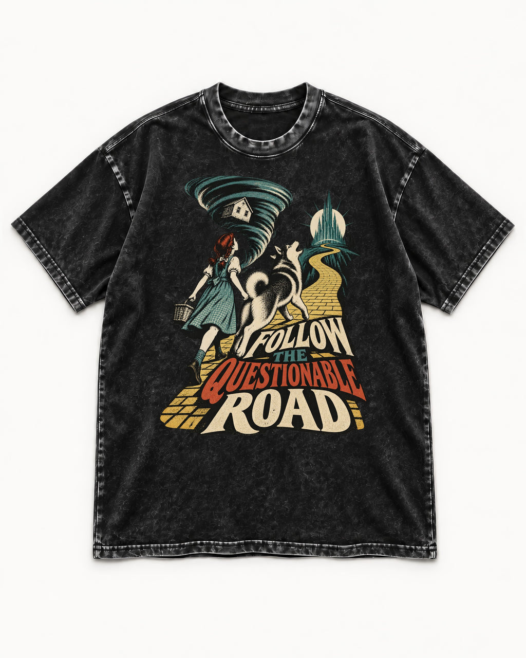 Husky Follow the Questionable Road Tornado Graphic Washed Tee in Black, flat lay product photo