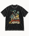 Husky Follow the Questionable Road Tornado Graphic Washed Tee in Black, flat lay product photo
