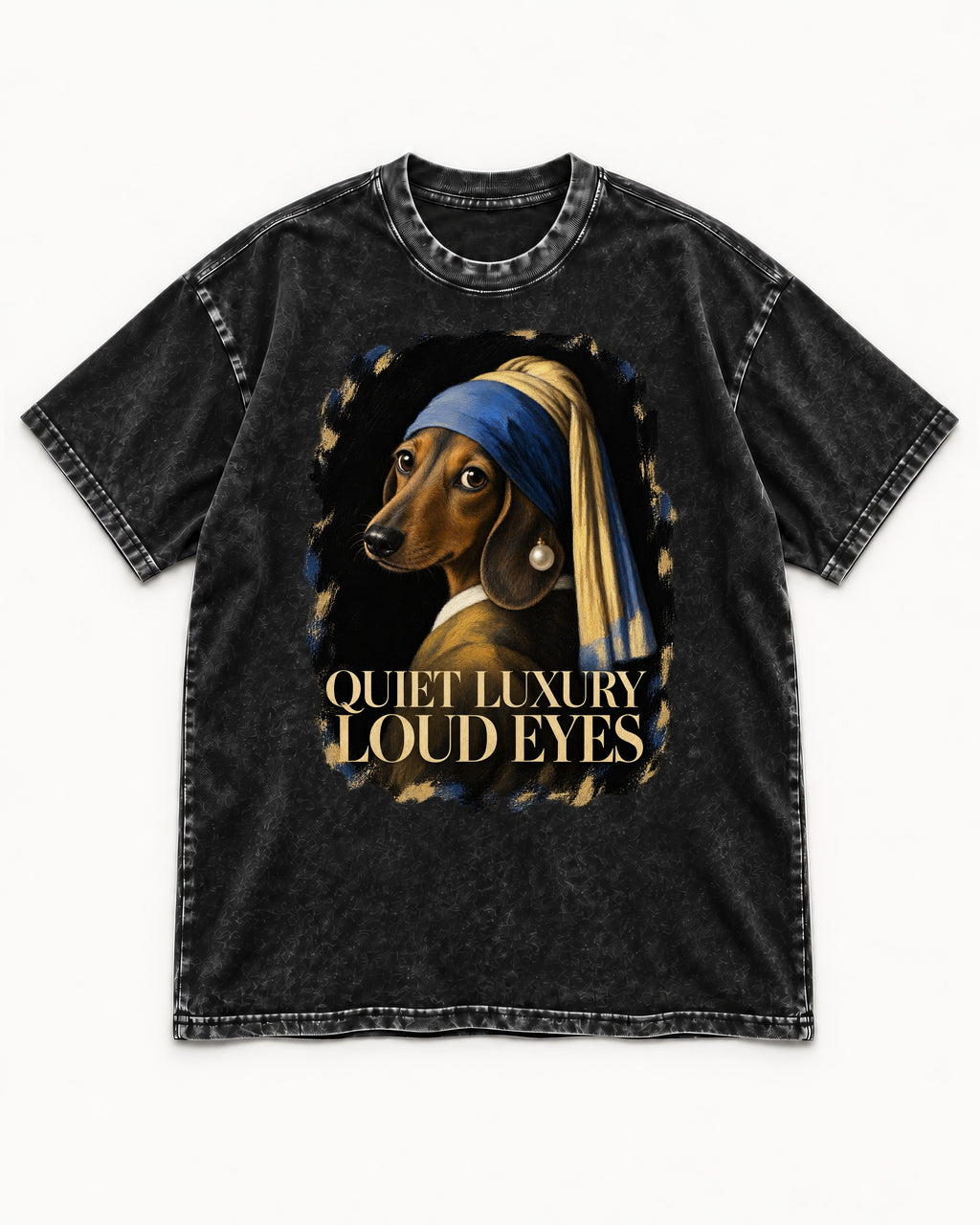 Dachshund Quiet Luxury Loud Eyes Pearl Portrait Graphic Washed Tee in Black, flat lay product photo