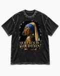 Dachshund Quiet Luxury Loud Eyes Pearl Portrait Graphic Washed Tee in Black, flat lay product photo