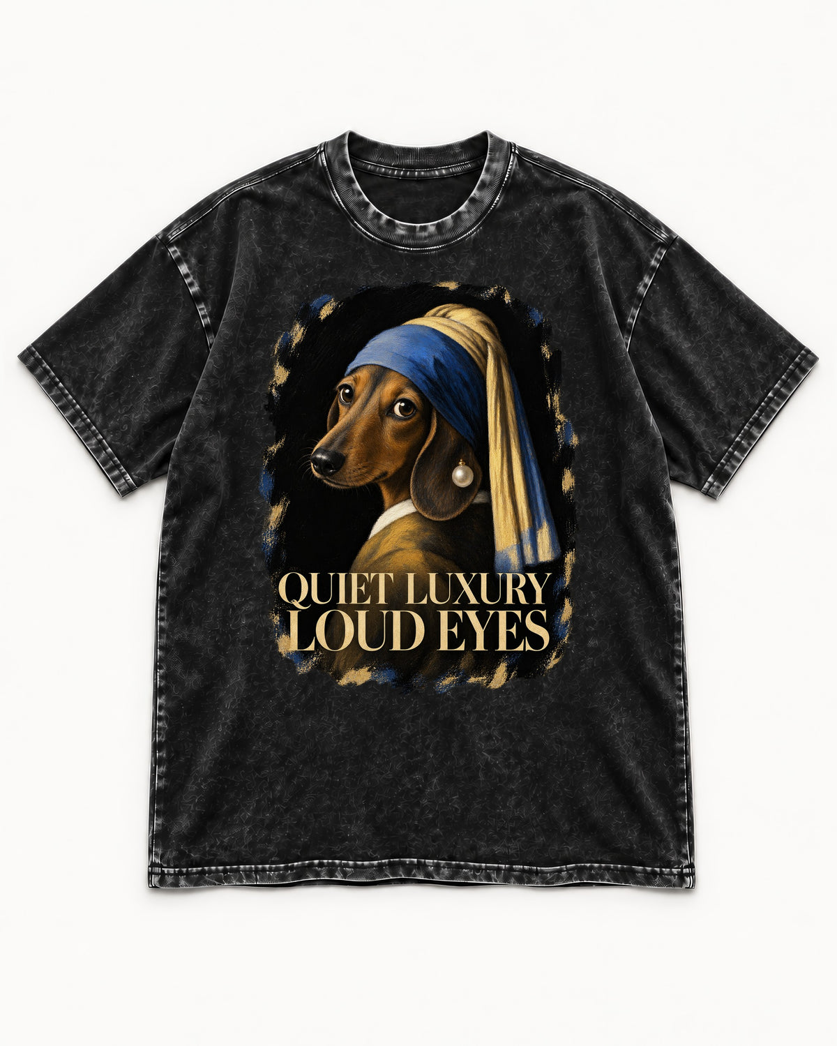 Dachshund Quiet Luxury Loud Eyes Pearl Portrait Graphic Washed Tee in Black, flat lay product photo
