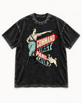 Pug Command First Panic Later Directional Graphic Washed Tee in Black, flat lay product photo