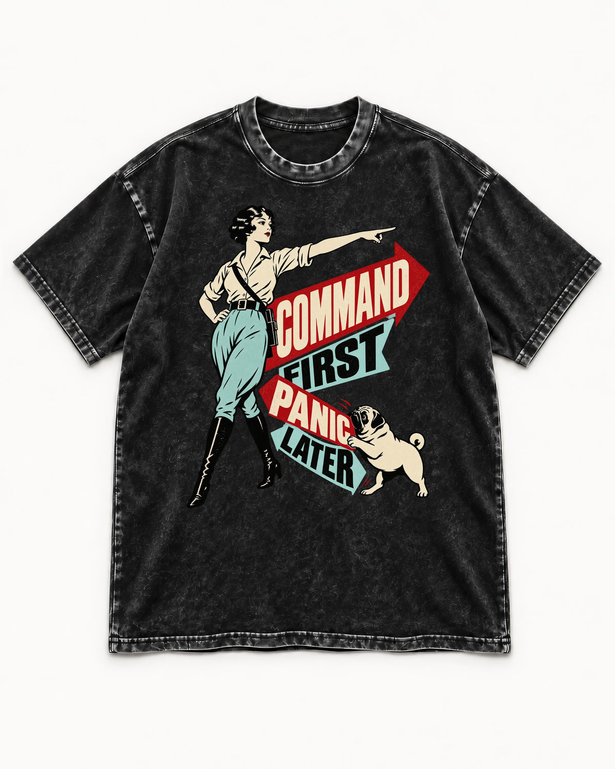 Pug Command First Panic Later Directional Graphic Washed Tee in Black, flat lay product photo