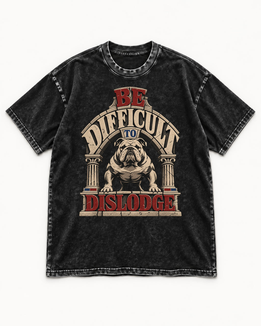 English Bulldog Be Difficult to Dislodge Stone Arch Graphic Washed Tee in Black, flat lay product photo