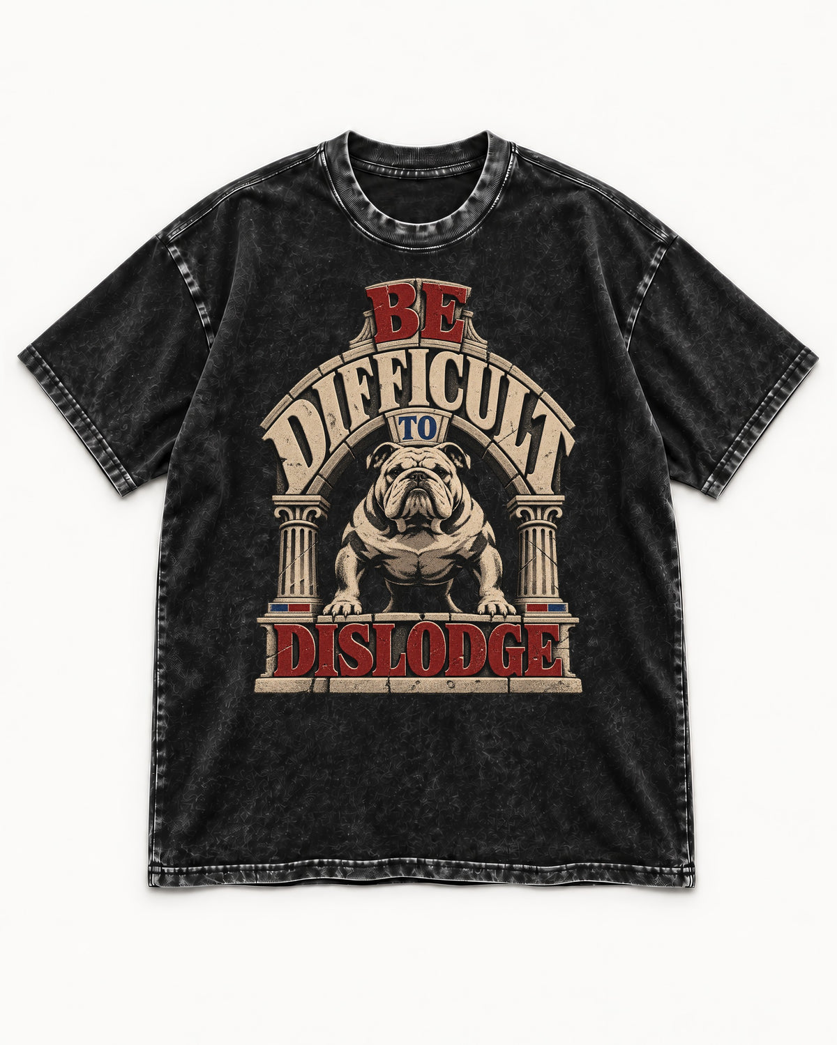 English Bulldog Be Difficult to Dislodge Stone Arch Graphic Washed Tee in Black, flat lay product photo