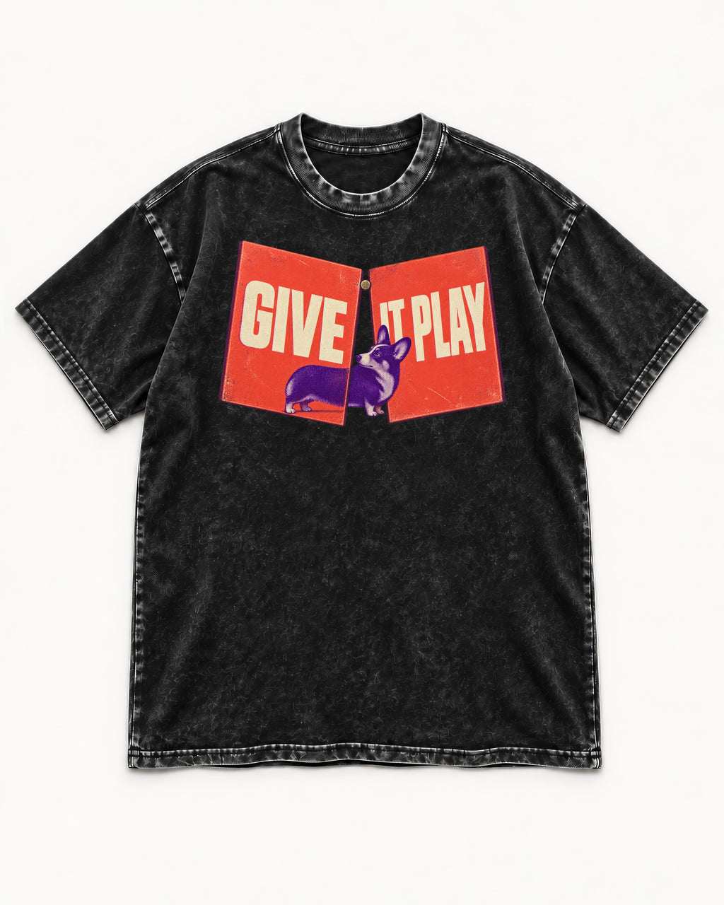 Corgi Give It Play Folding Panels Washed Tee in Black, flat lay product photo
