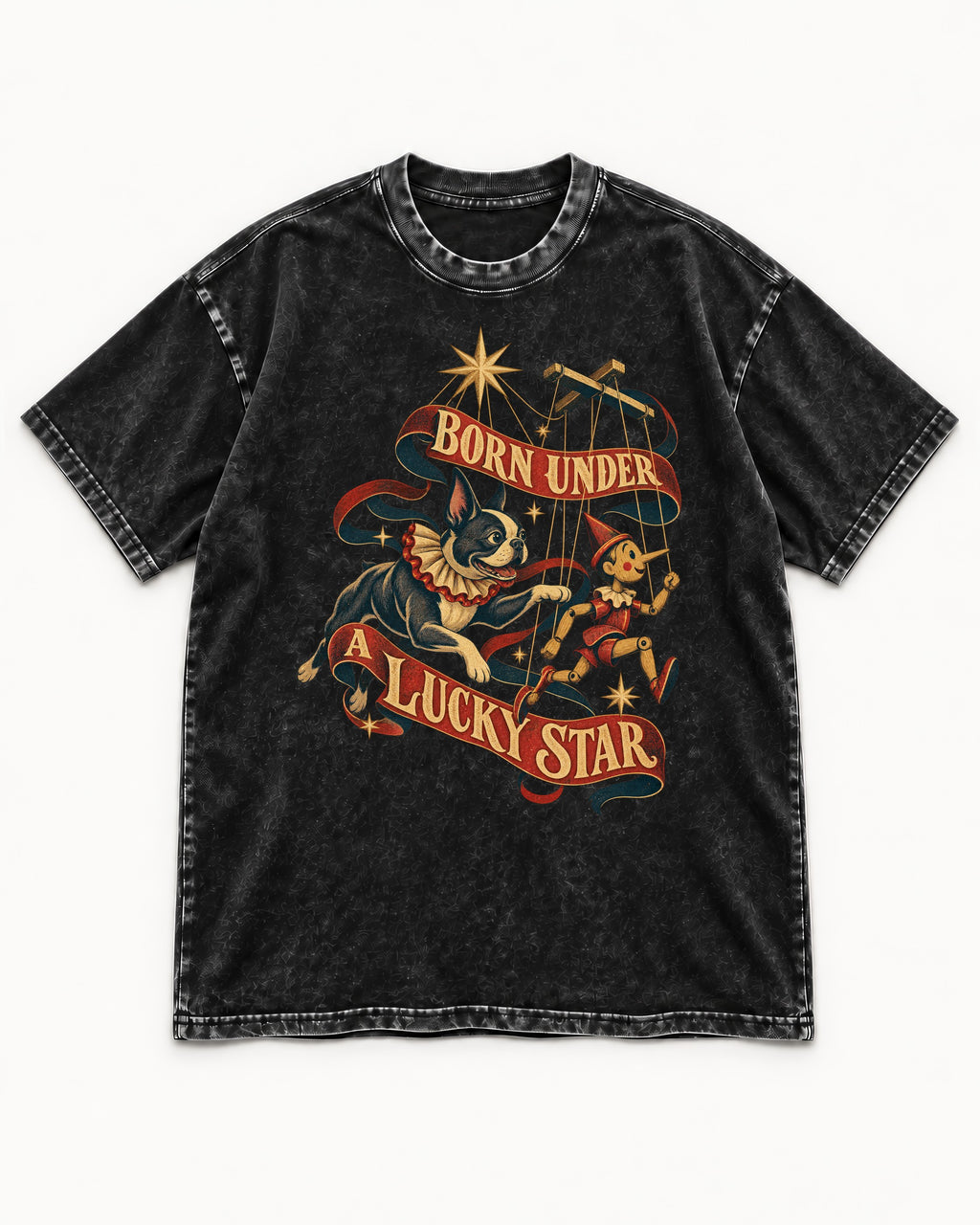Born Under a Lucky Star Boston Terrier Washed Tee in Black, flat lay product photo