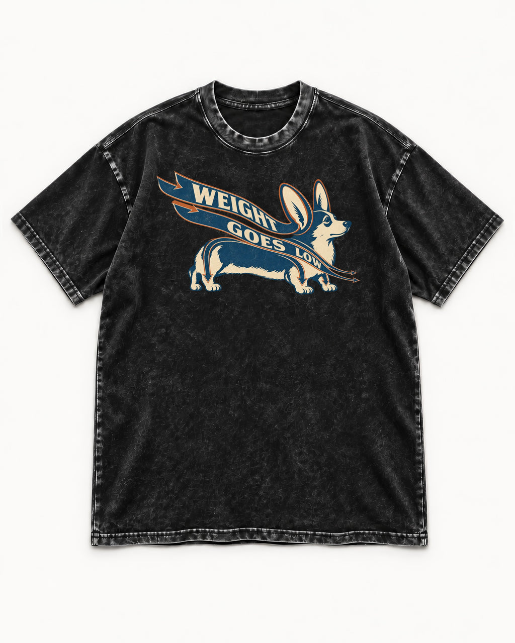 Corgi Weight Goes Low Ribbon Arrow Graphic Washed Tee in Black, flat lay product photo