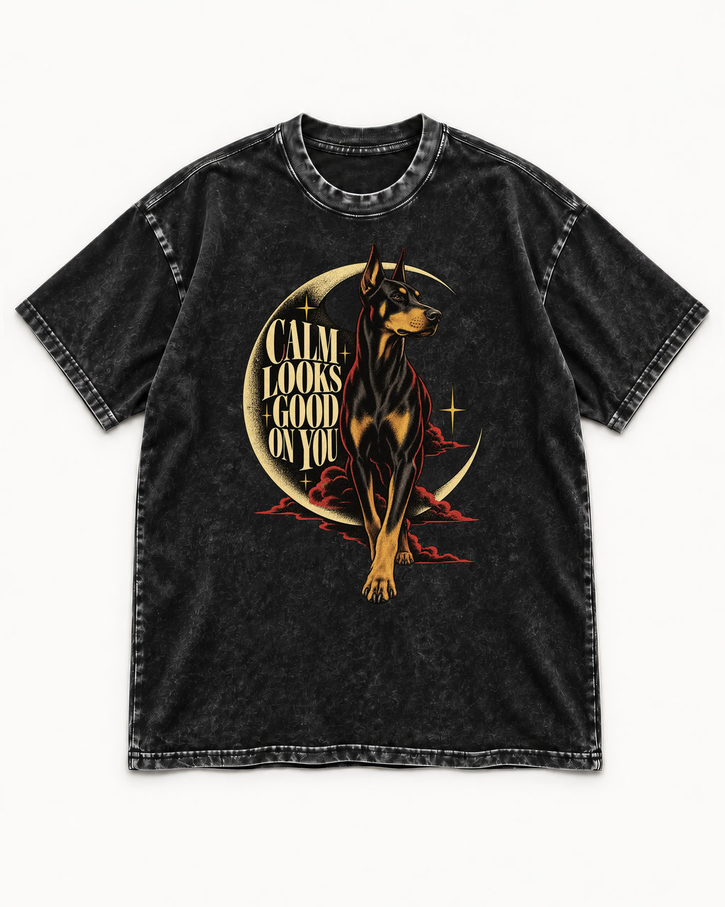 Doberman Calm Looks Good on You Crescent Graphic Washed Tee in Black, flat lay product photo