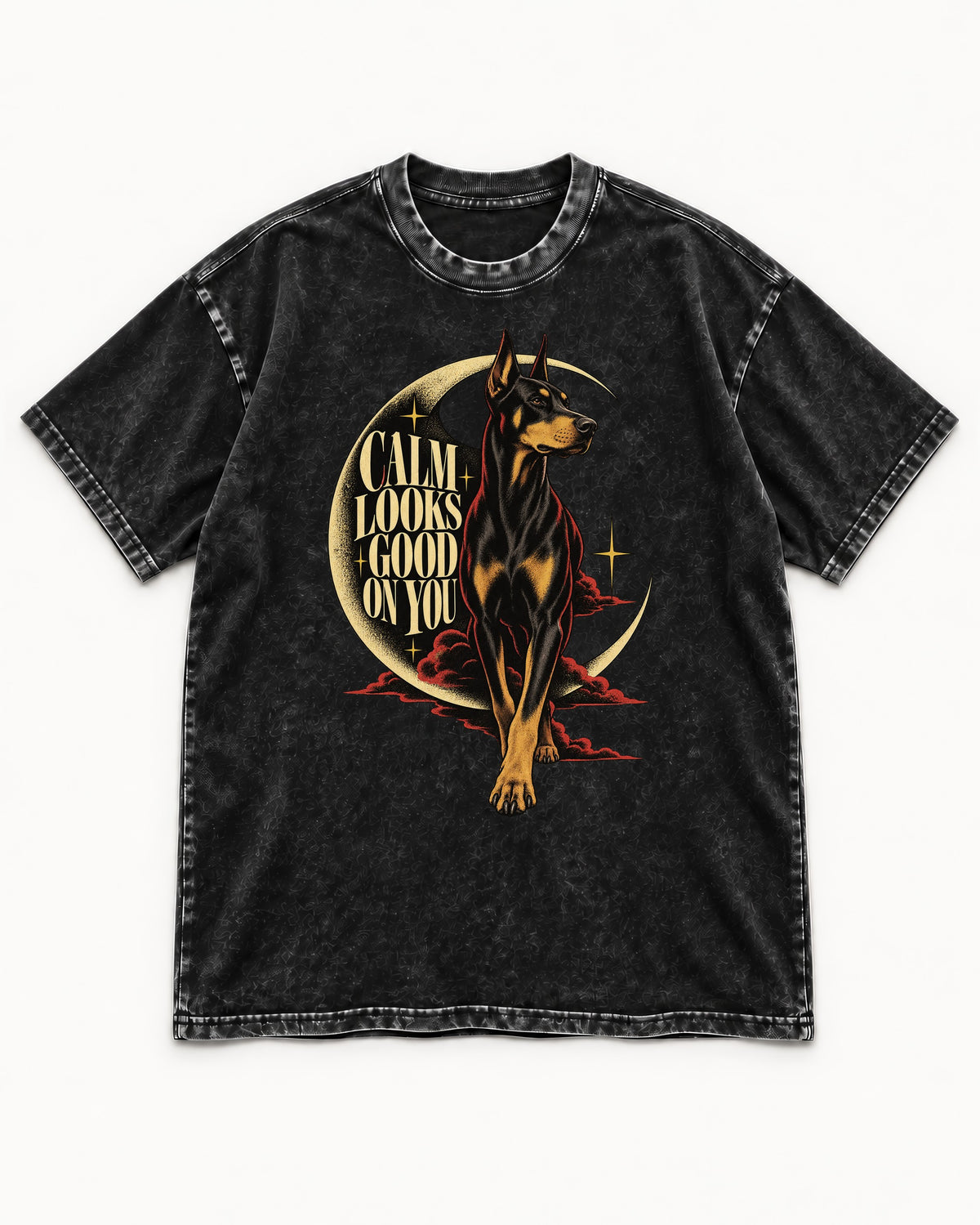 Doberman Calm Looks Good on You Crescent Graphic Washed Tee in Black, flat lay product photo