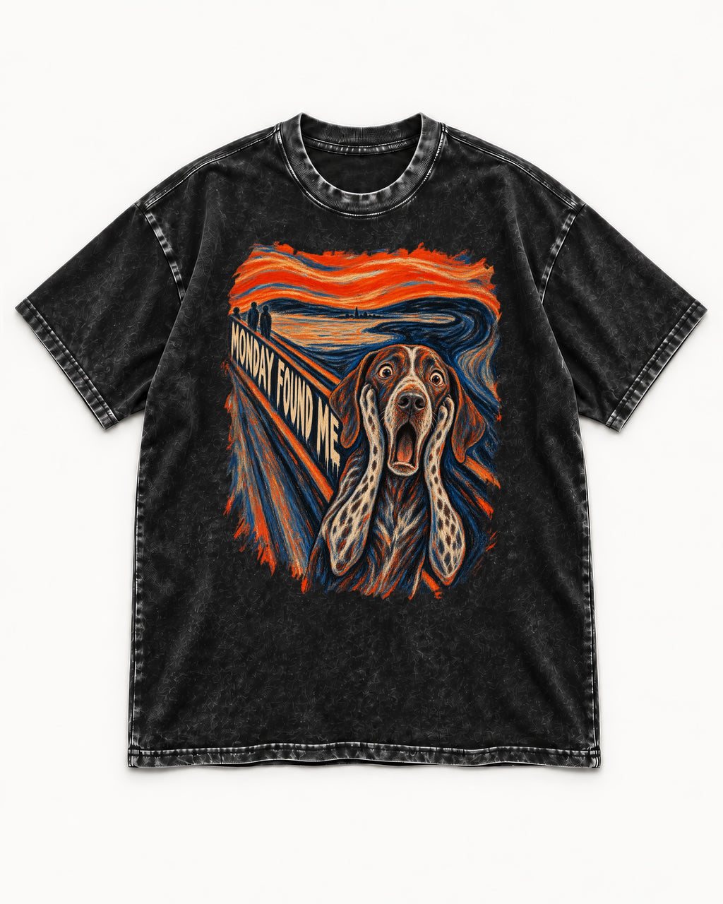 German Shorthaired Pointer Monday Found Me Scream Parody Graphic Washed Tee in Black, flat lay product photo