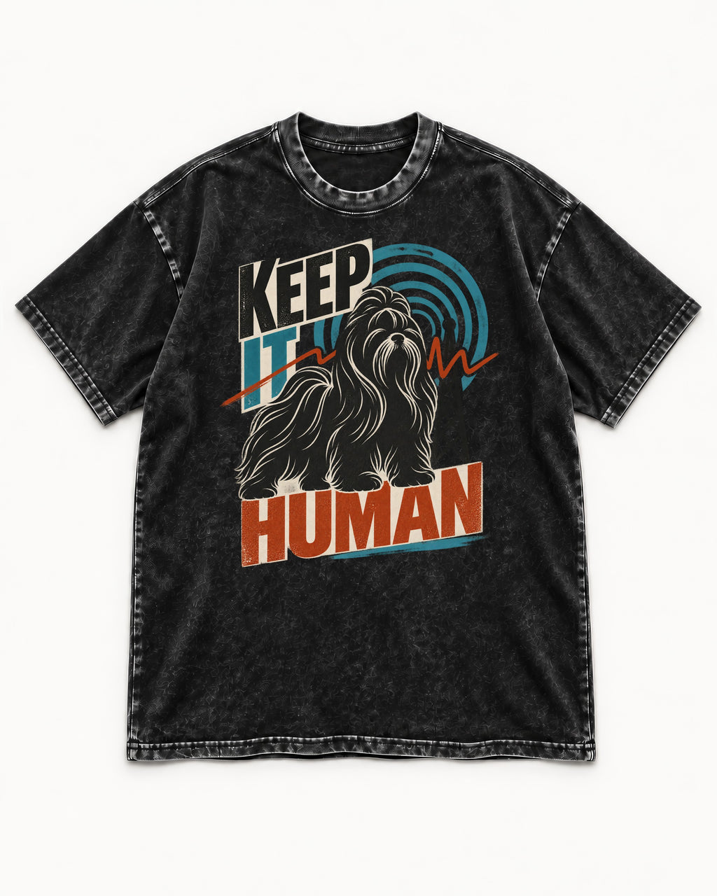 Shih Tzu Keep It Human Radio Signal Graphic Washed Tee in Black, flat lay product photo