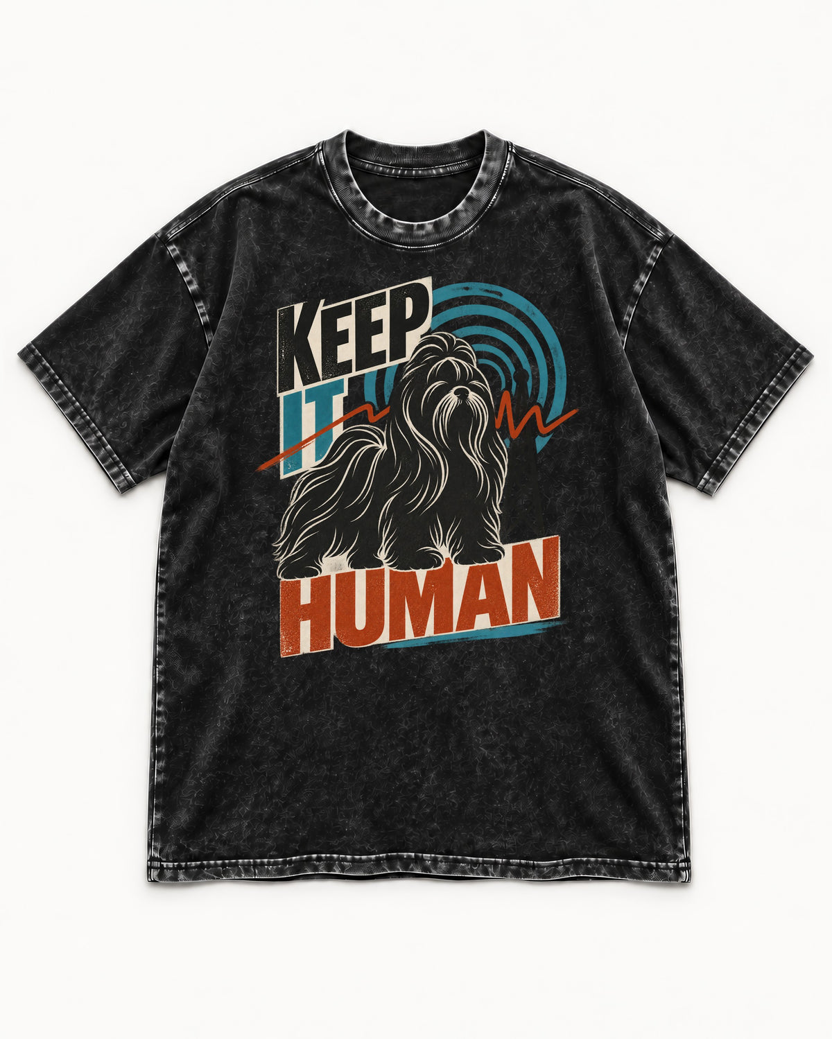 Shih Tzu Keep It Human Radio Signal Graphic Washed Tee in Black, flat lay product photo
