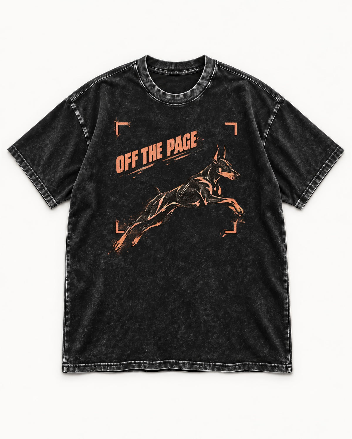 Doberman Off the Page Focus Frame Graphic Washed Tee in Black, flat lay product photo