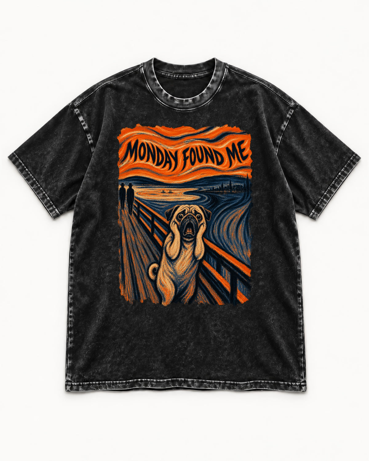 Pug Monday Found Me Scream Parody Graphic Washed Tee in Black, flat lay product photo