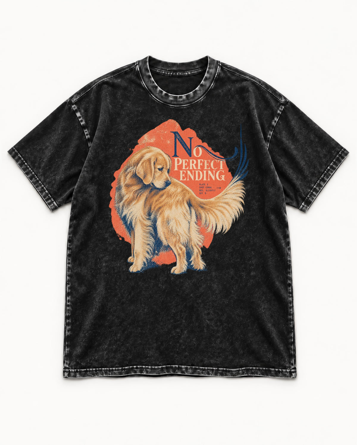 Golden Retriever No Perfect Ending Misregistration Graphic Washed Tee in Black, flat lay product photo