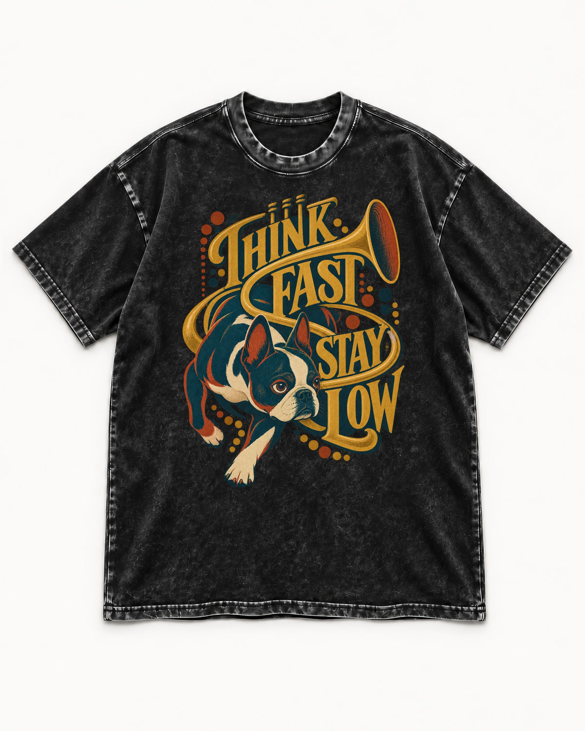 Boston Terrier Think Fast Stay Low Washed Tee in Black, flat lay product photo