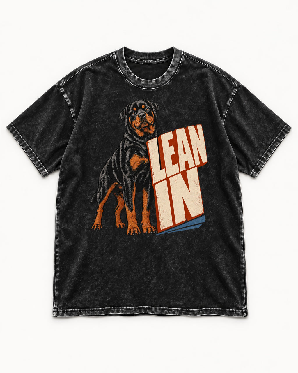 Rottweiler Lean In Block Typography Graphic Washed Tee in Black, flat lay product photo
