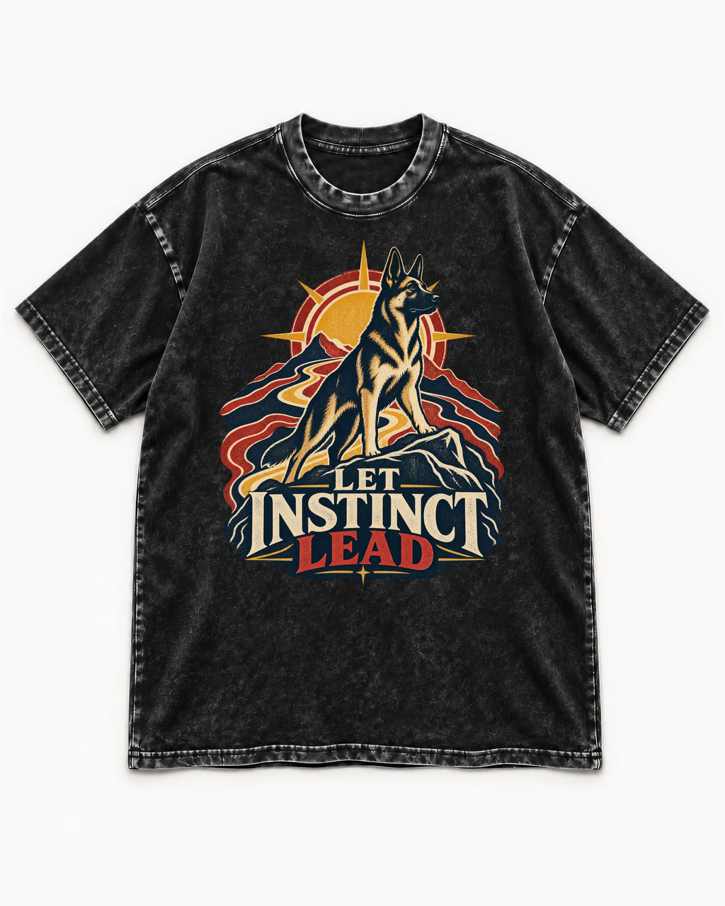 Let Instinct Lead Sunrise German Shepherd Dog Graphic Washed Tee in Black, flat lay product photo