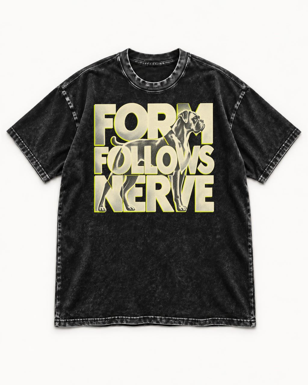 Form Follows Nerve Boxer Typography Washed Tee in Black, flat lay product photo