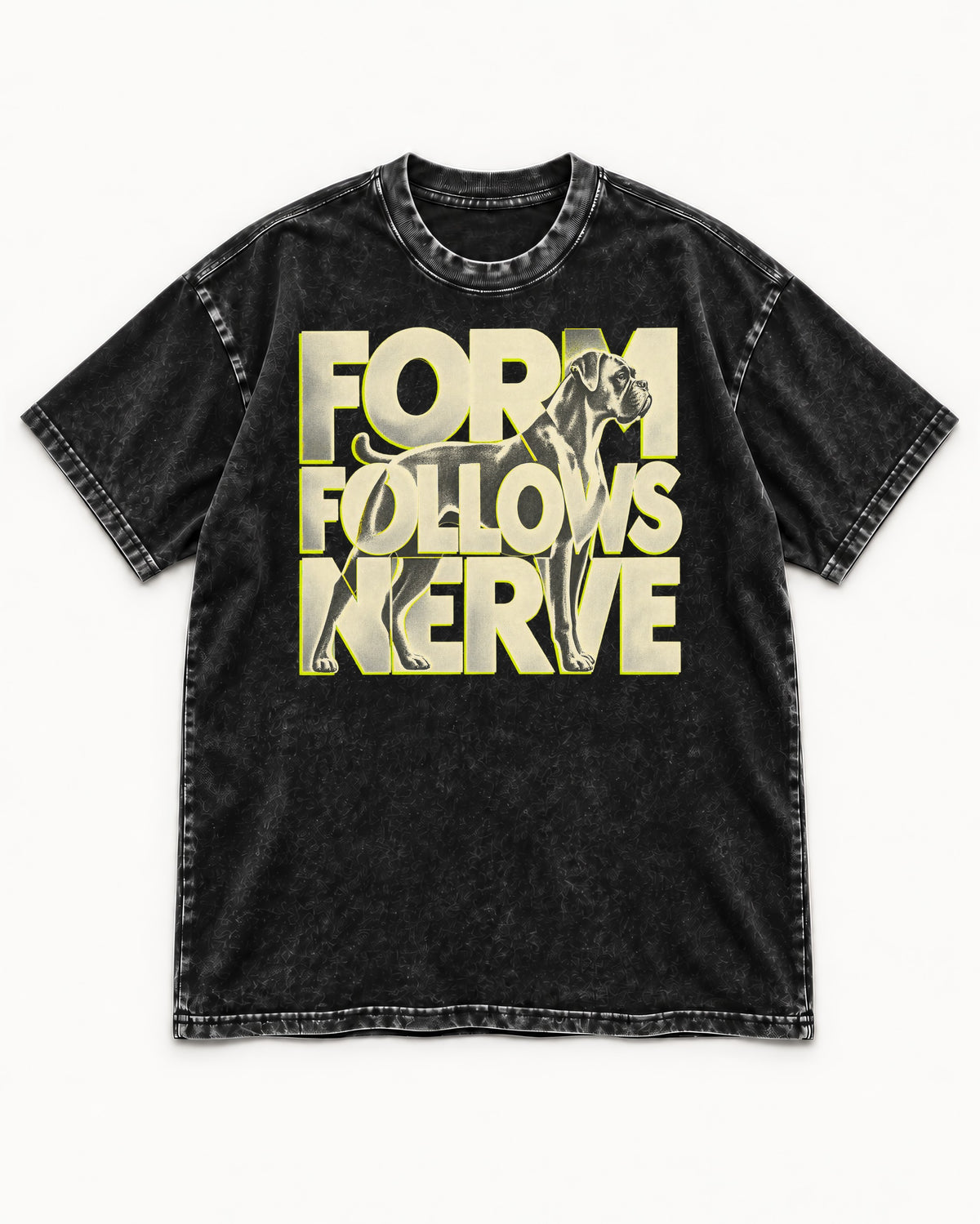 Form Follows Nerve Boxer Typography Washed Tee in Black, flat lay product photo