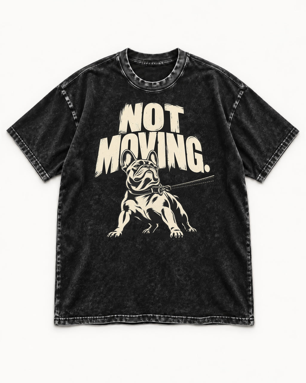 Frenchie Not Moving Taut Leash Poster Washed Tee in Black, flat lay product photo
