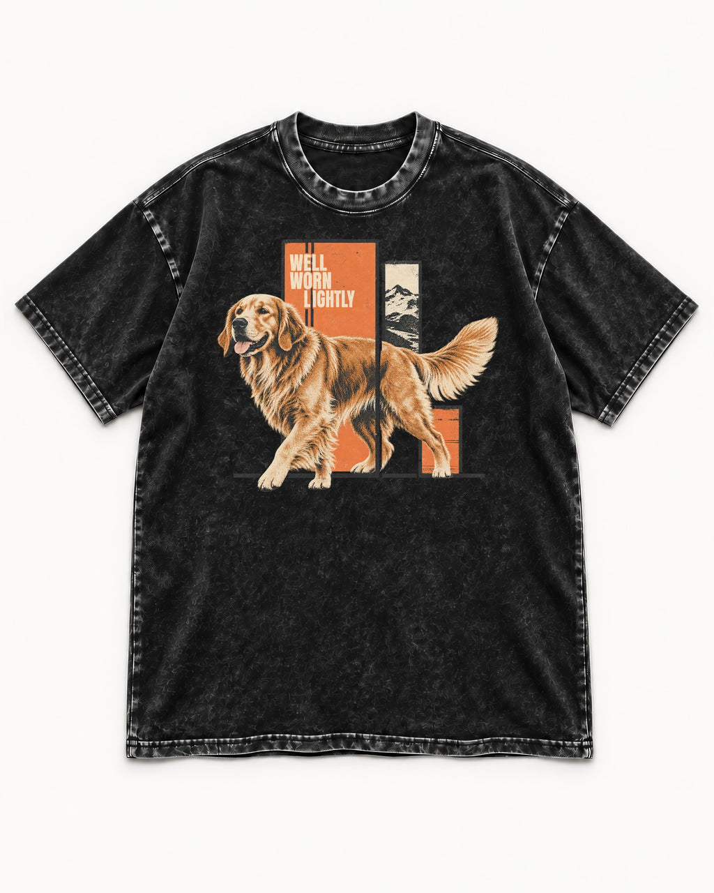 Golden Retriever Well Worn Lightly Mountain Graphic Washed Tee in Black, flat lay product photo