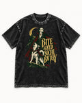 Husky Bite Sized Social Battery Vampire Graphic Washed Tee in Black, flat lay product photo