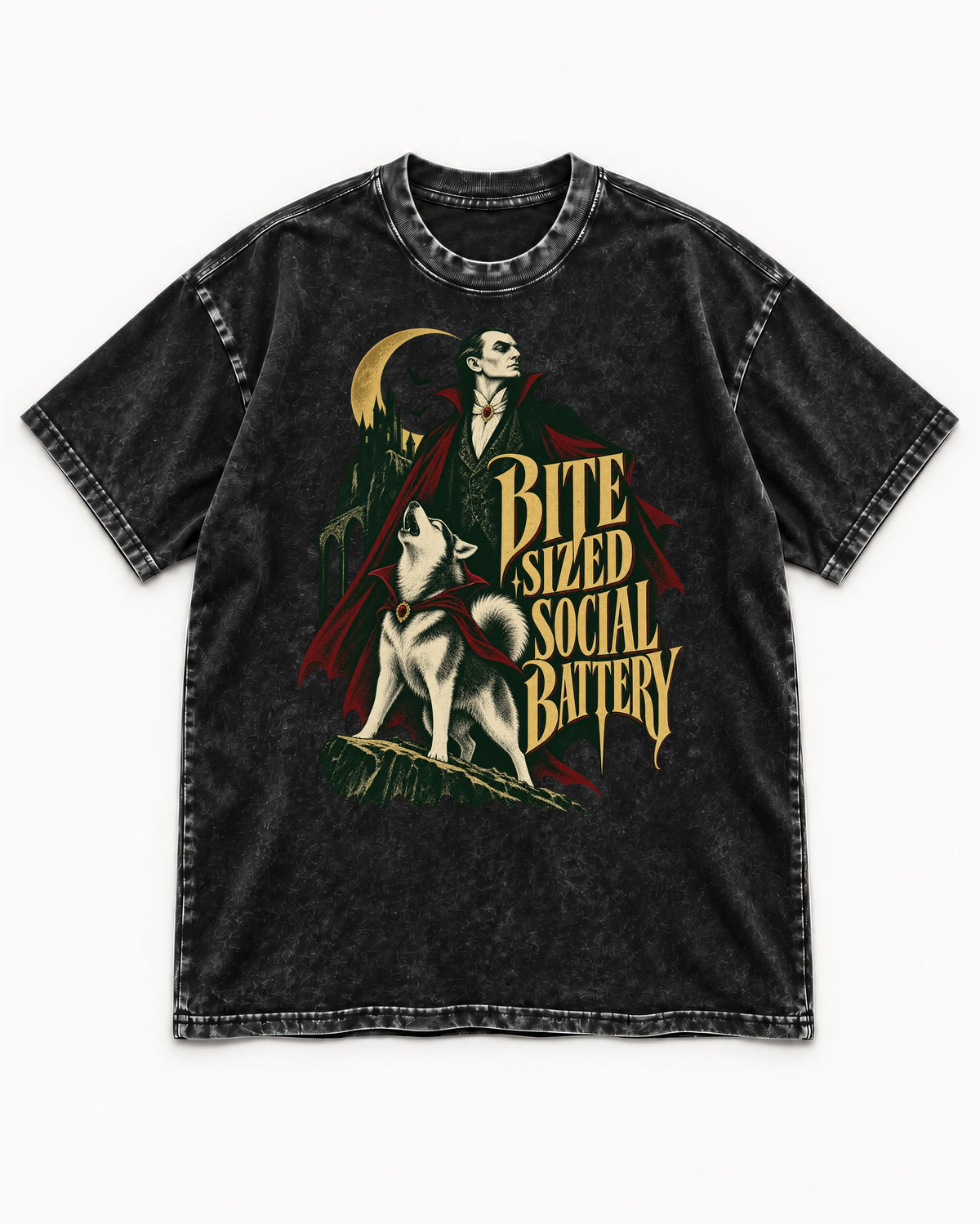 Husky Bite Sized Social Battery Vampire Graphic Washed Tee in Black, flat lay product photo