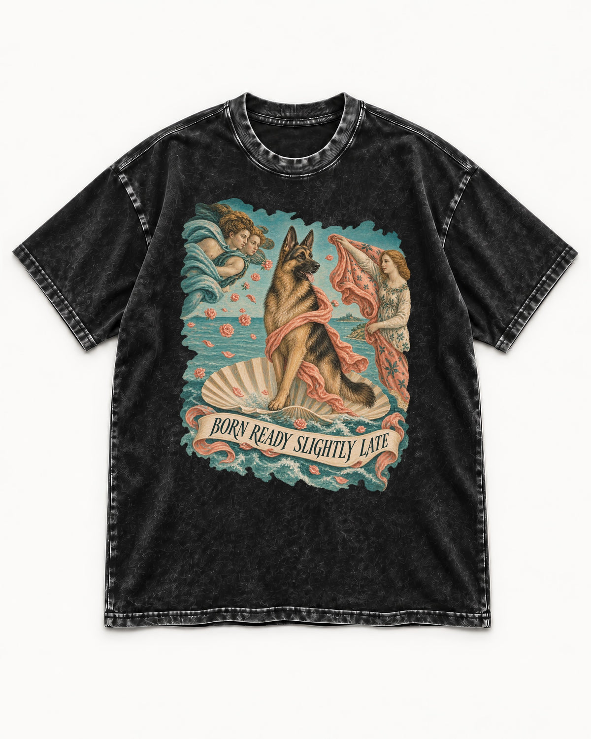 German Shepherd Dog Born Ready Slightly Late Venus Graphic Washed Tee in Black, flat lay product photo