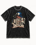 Husky Justice With A Dress Code Masked Swordsman Graphic Washed Tee in Black, flat lay product photo