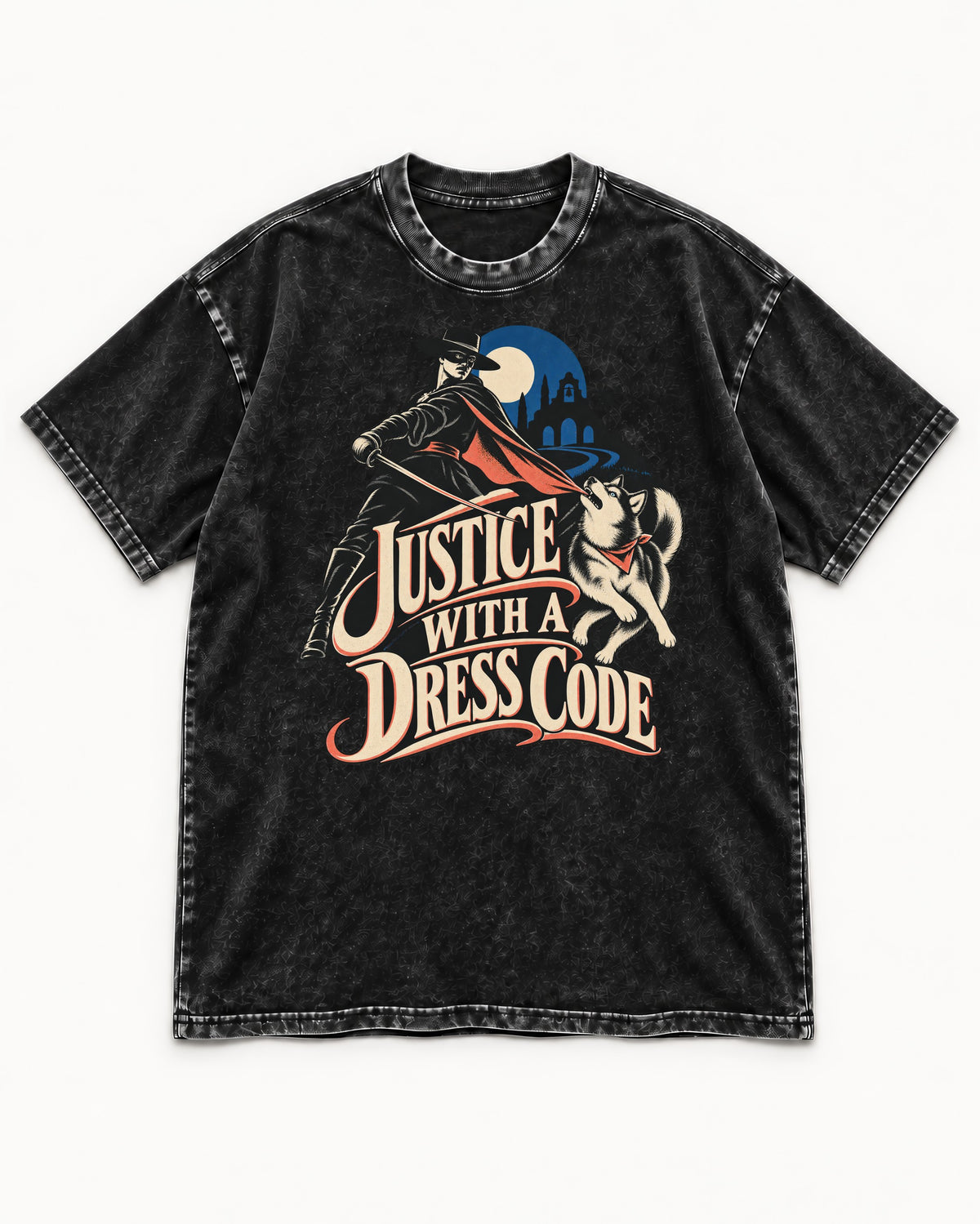 Husky Justice With A Dress Code Masked Swordsman Graphic Washed Tee in Black, flat lay product photo