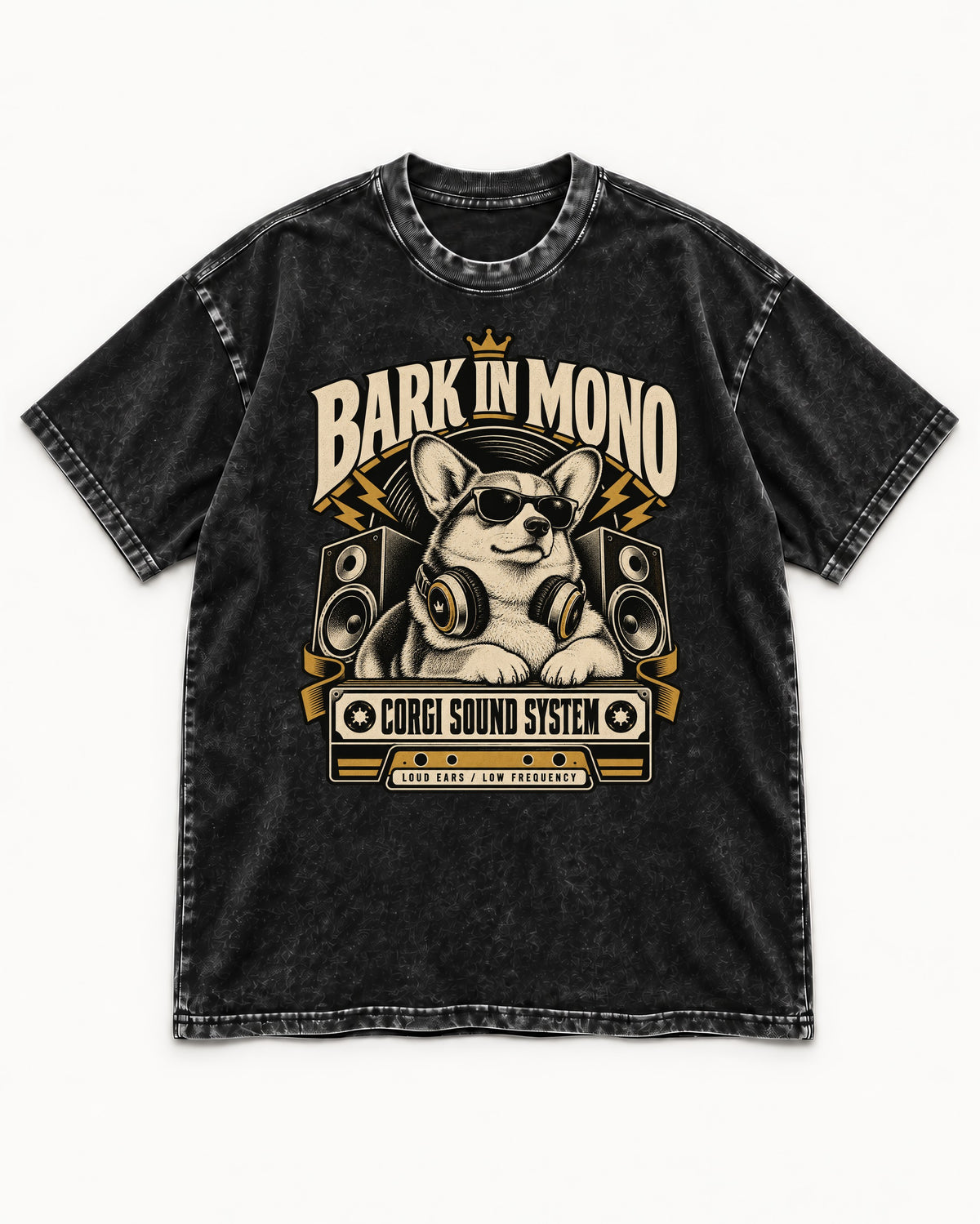 Corgi Bark in Mono Sound System Washed Tee in Black, flat lay product photo