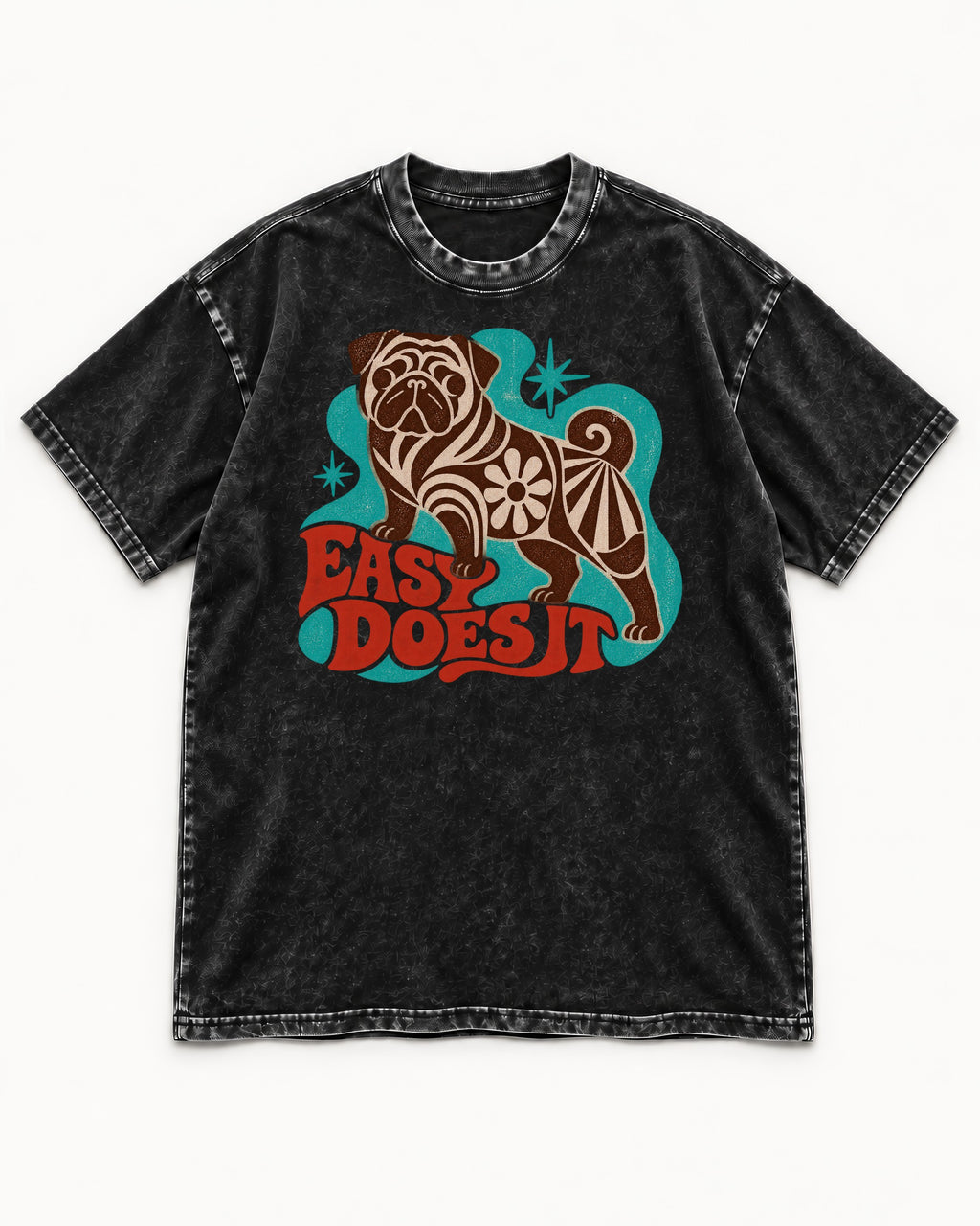 Pug Easy Does It Retro Floral Graphic Washed Tee in Black, flat lay product photo