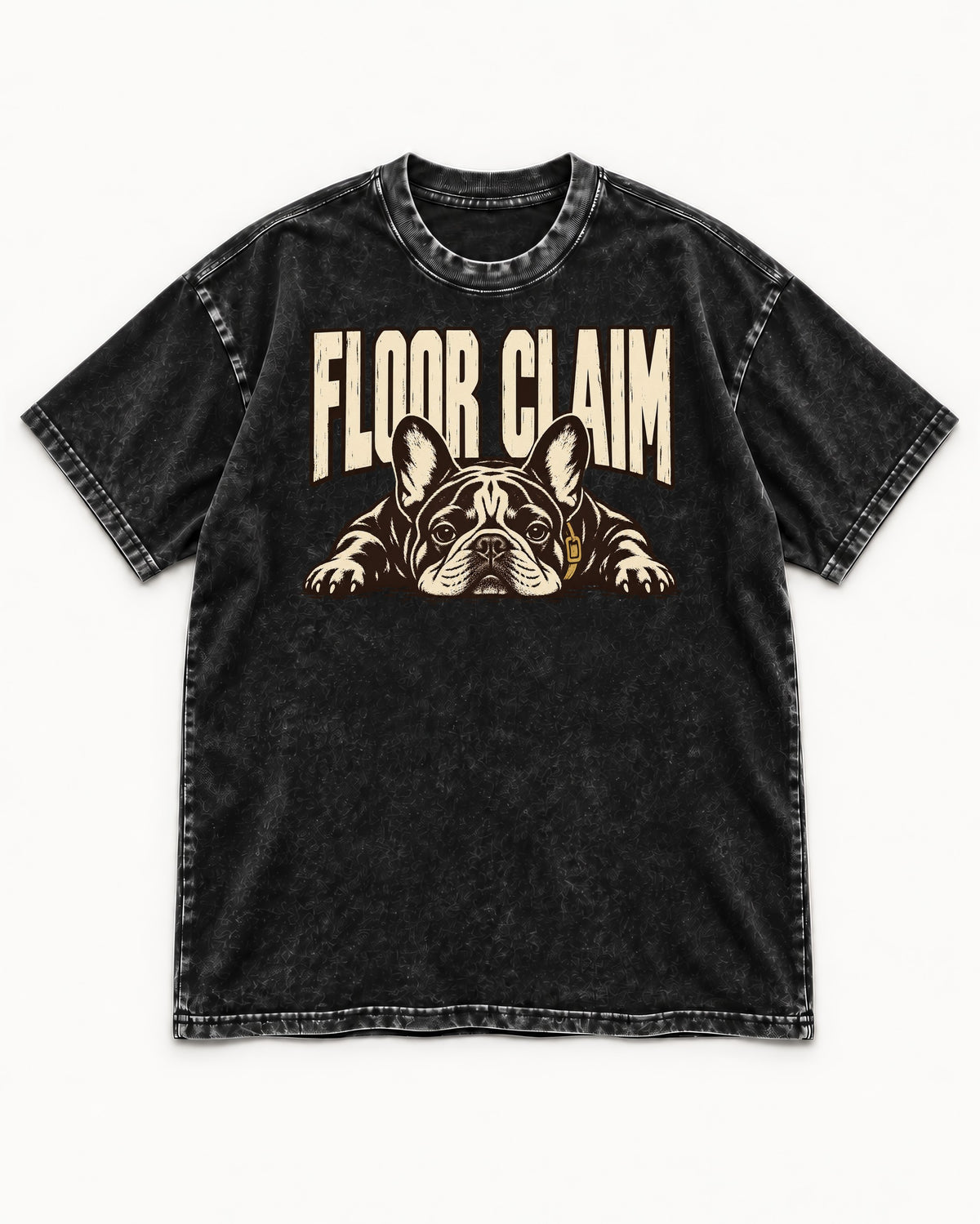 Frenchie Floor Claim Resting Graphic Washed Tee in Black, flat lay product photo