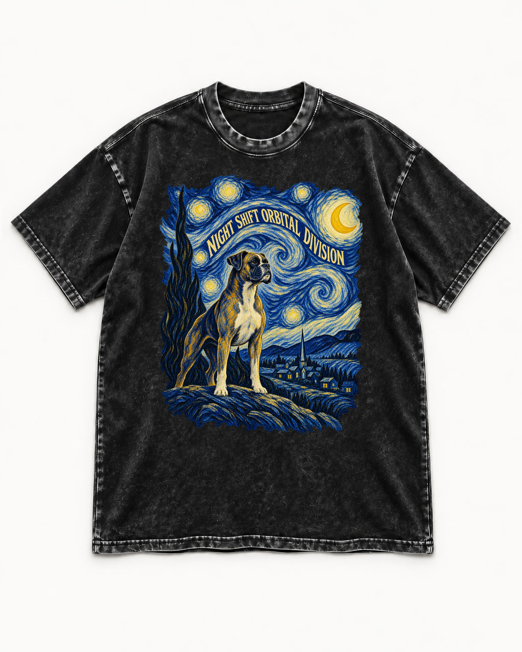 Night Shift Orbital Division Boxer Night Sky Graphic Washed Tee in Black, flat lay product photo
