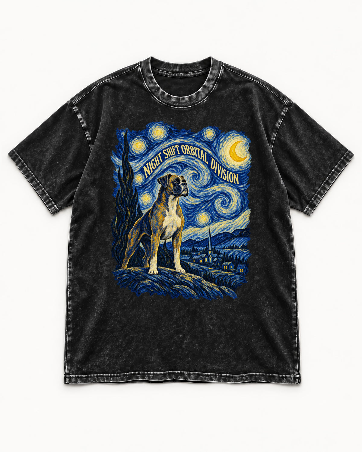 Night Shift Orbital Division Boxer Night Sky Graphic Washed Tee in Black, flat lay product photo