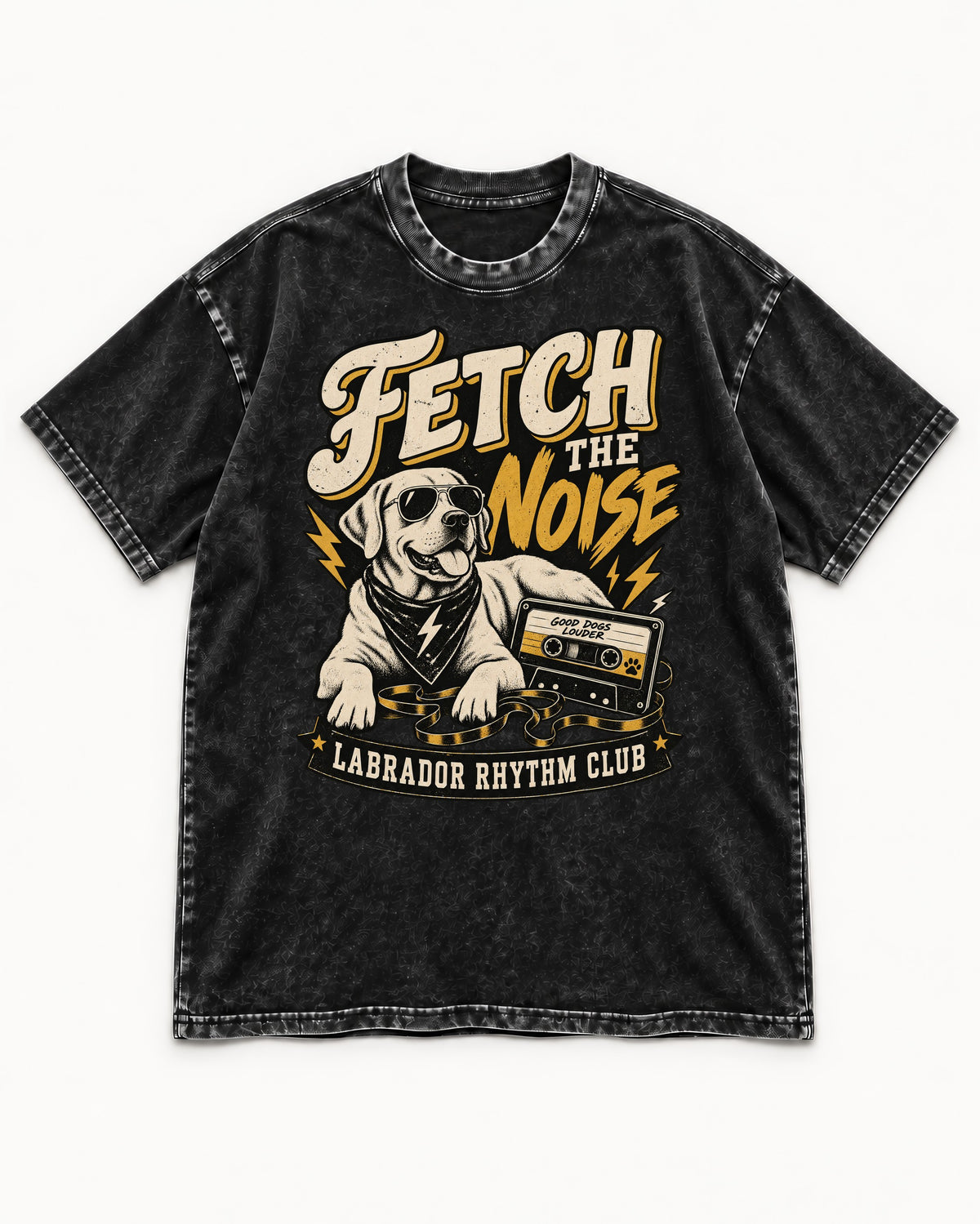 Labrador Retriever Fetch the Noise Rhythm Club DJ Graphic Washed Tee in Black, flat lay product photo