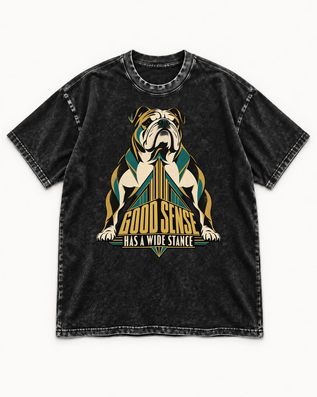 Good Sense Has a Wide Stance English Bulldog Graphic Washed Tee in Black, flat lay product photo