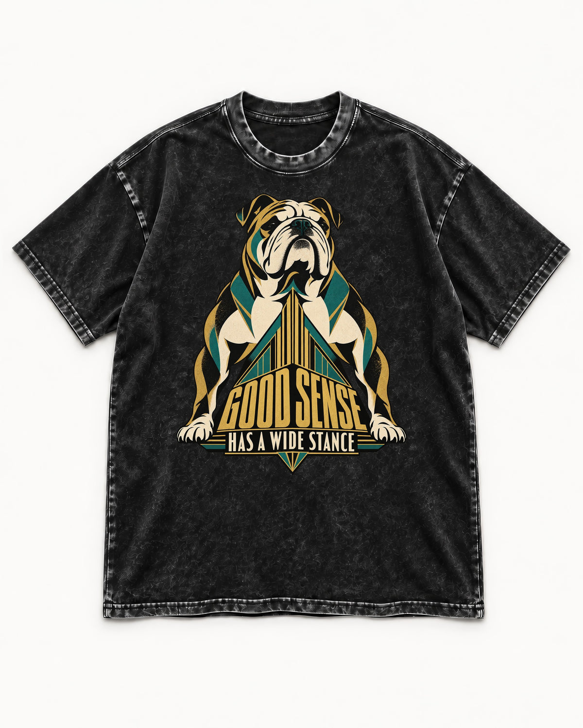 Good Sense Has a Wide Stance English Bulldog Graphic Washed Tee in Black, flat lay product photo
