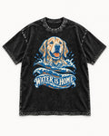 Golden Retriever Water Is Home Ocean Wave Graphic Washed Tee in Black, flat lay product photo