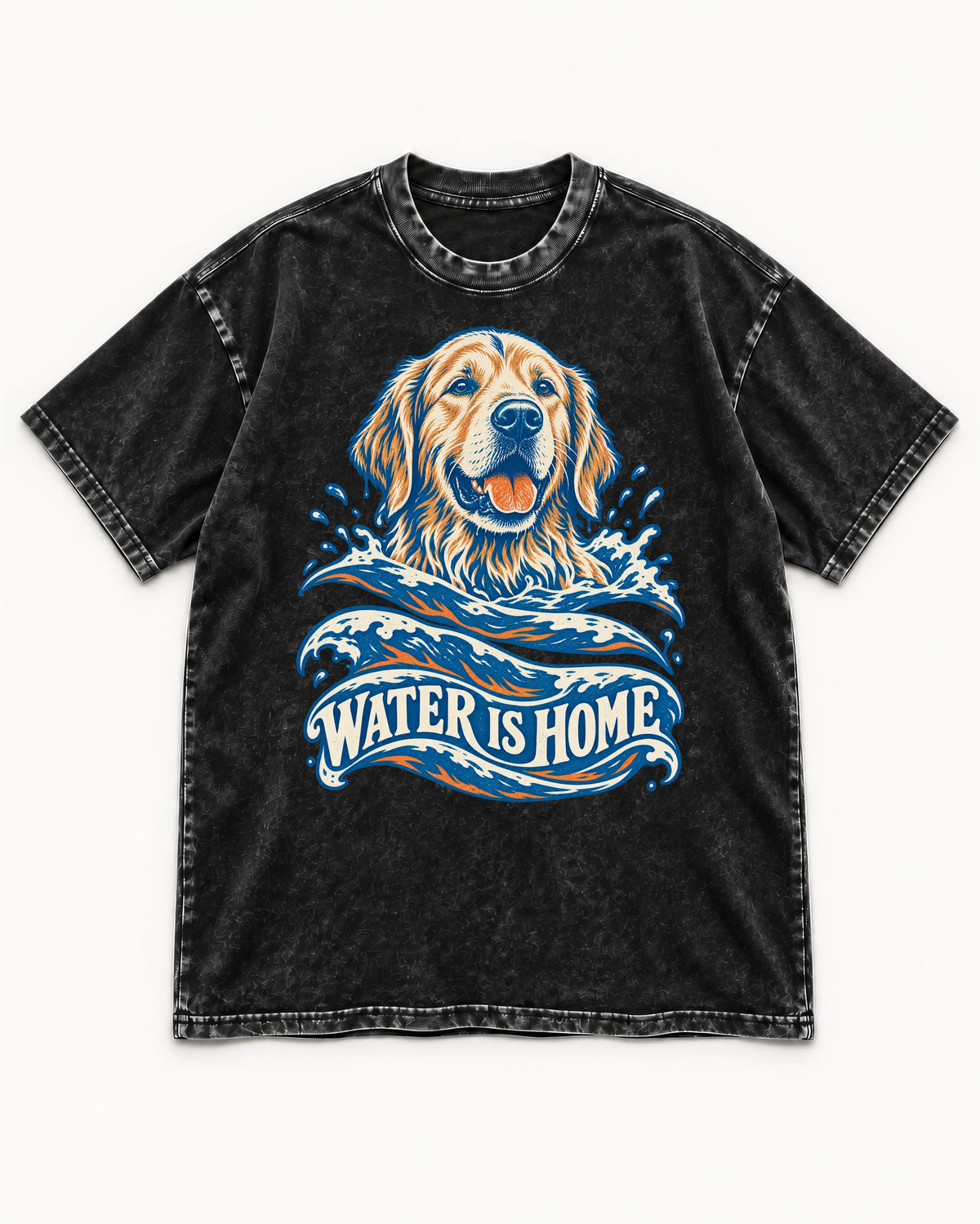 Golden Retriever Water Is Home Ocean Wave Graphic Washed Tee in Black, flat lay product photo