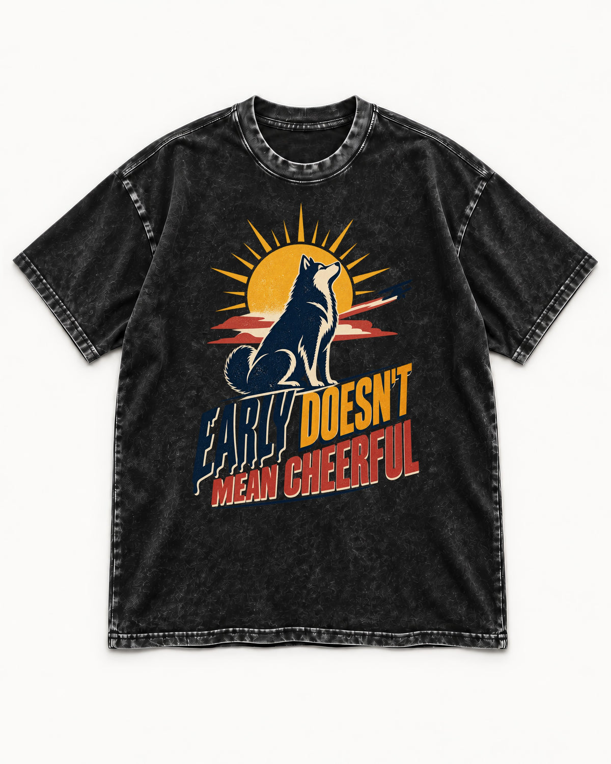 Husky Early Doesnt Mean Cheerful Sunrise Airplane Graphic Washed Tee in Black, flat lay product photo