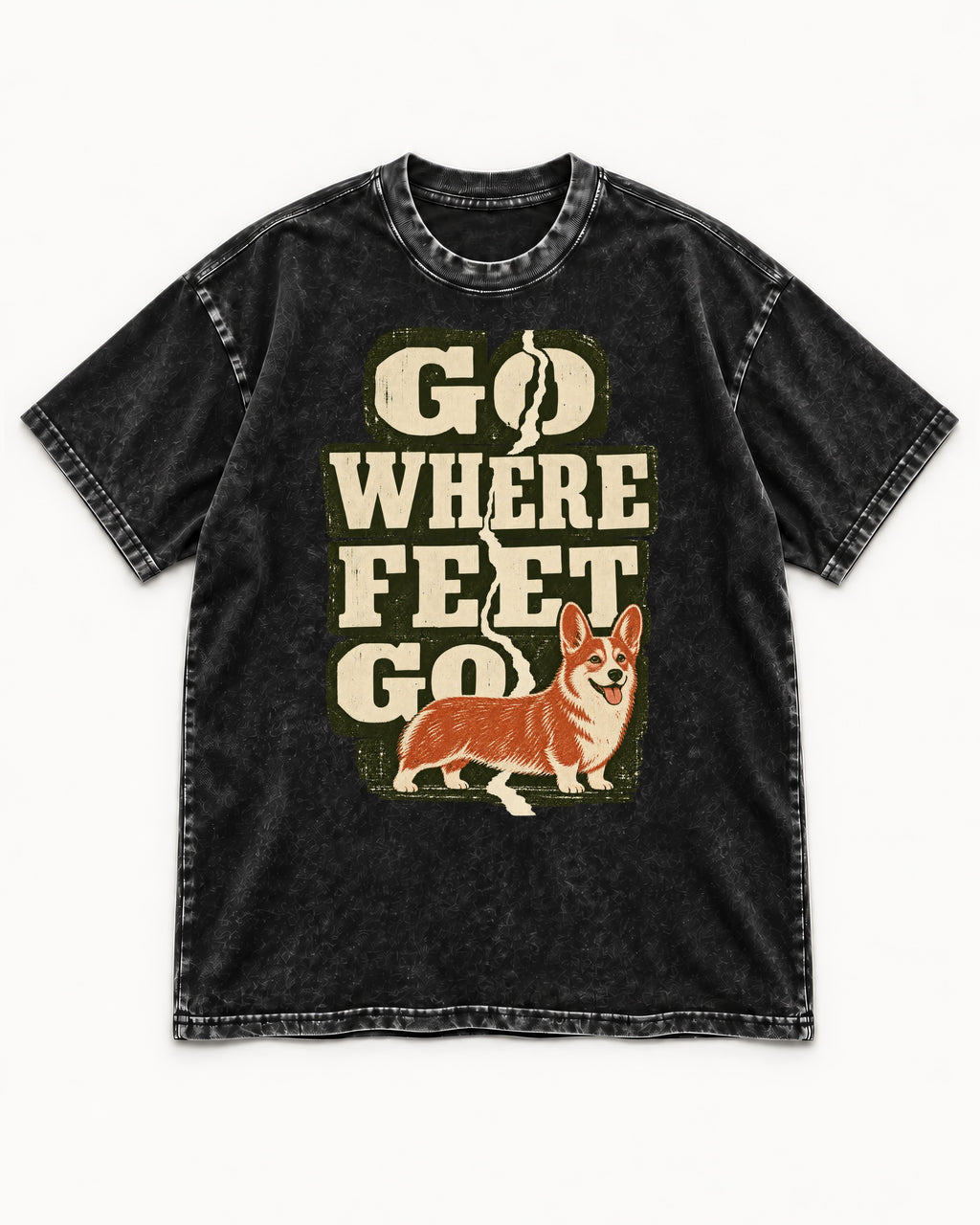 Corgi Go Where Feet Go Path Washed Tee in Black, flat lay product photo
