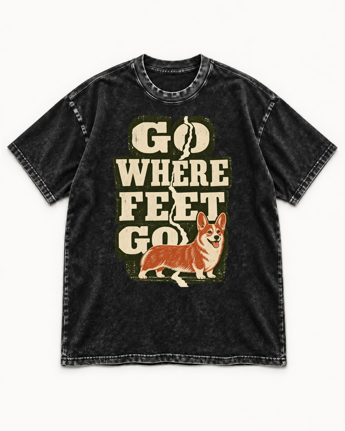 Corgi Go Where Feet Go Path Washed Tee in Black, flat lay product photo